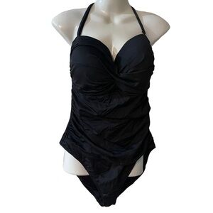 ANNE COLE Twist Front Ruched Bandeau One Piece Swimsuit Solid Black Size 14